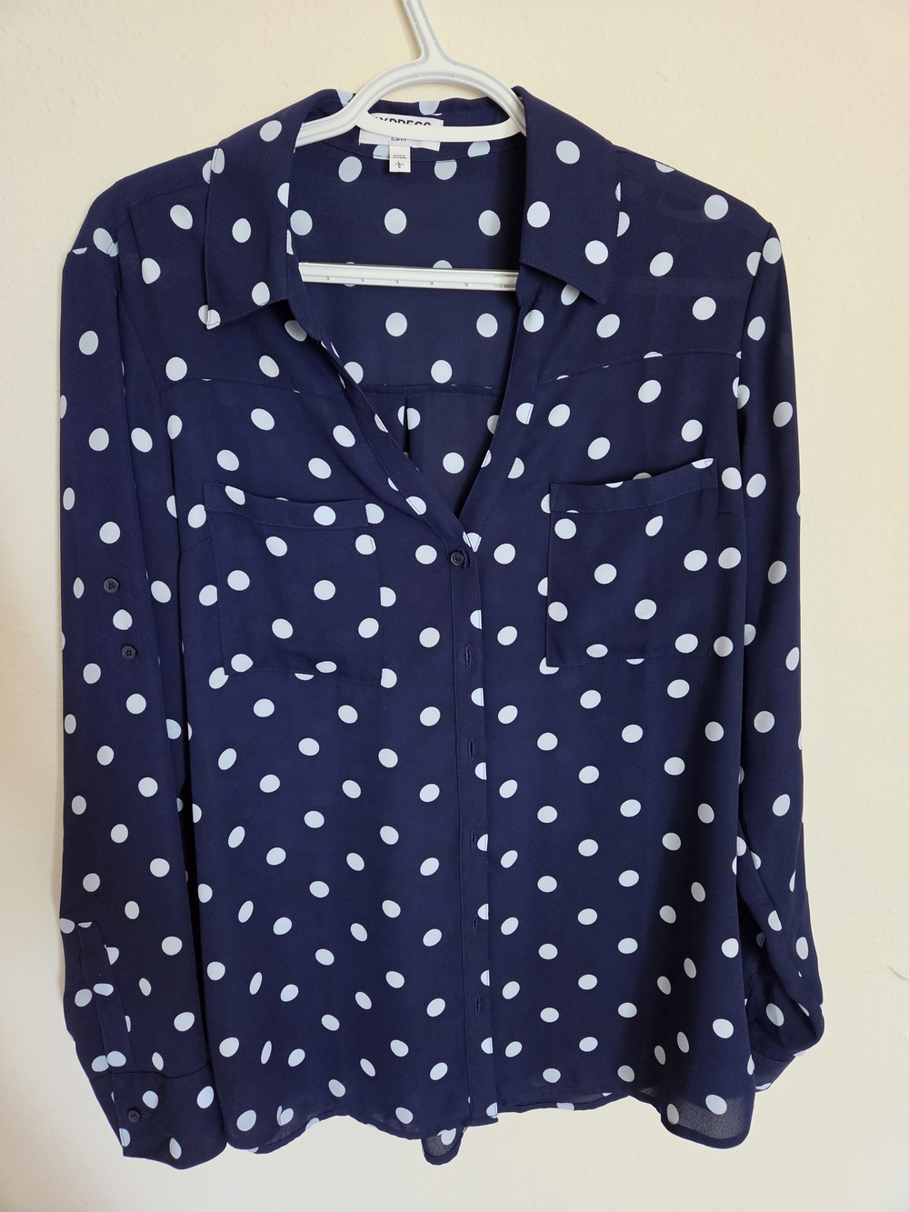 Express Navy and White Polka Dot Button-Up Blouse